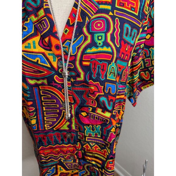 Vtg 80s Art to wear Ann Klein II 8 100% Silk Button-Up Shirt Abstract Retro - Picture 2 of 12